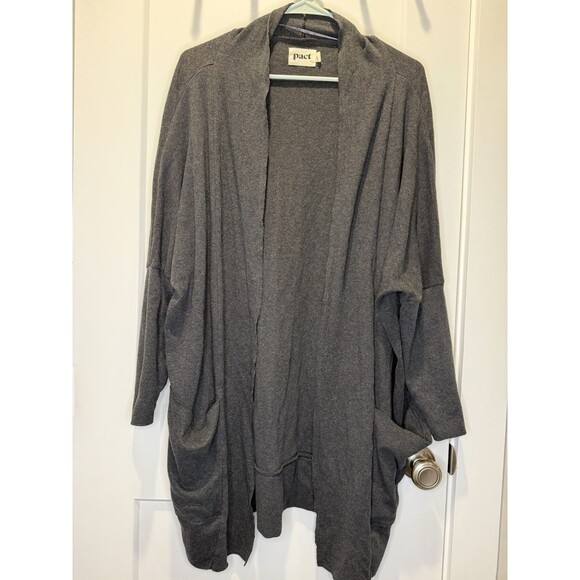 Pact Cardigan Womens Large/XL Gray Long Line Open Pockets Organic Cotton Beachy - Picture 1 of 5